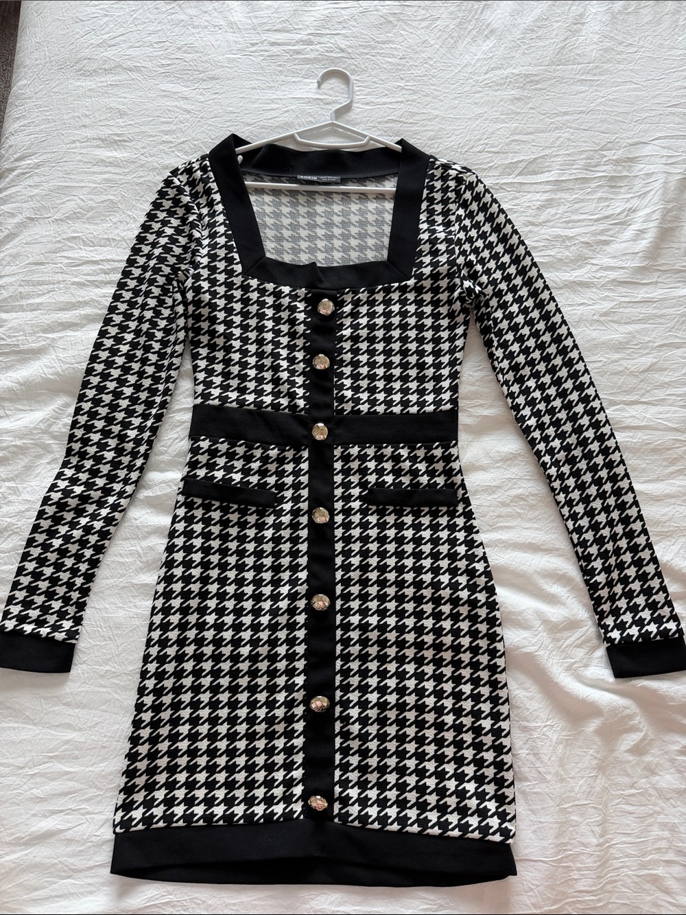 Houndstooth Square-Neck Button Front Dress - Black & White